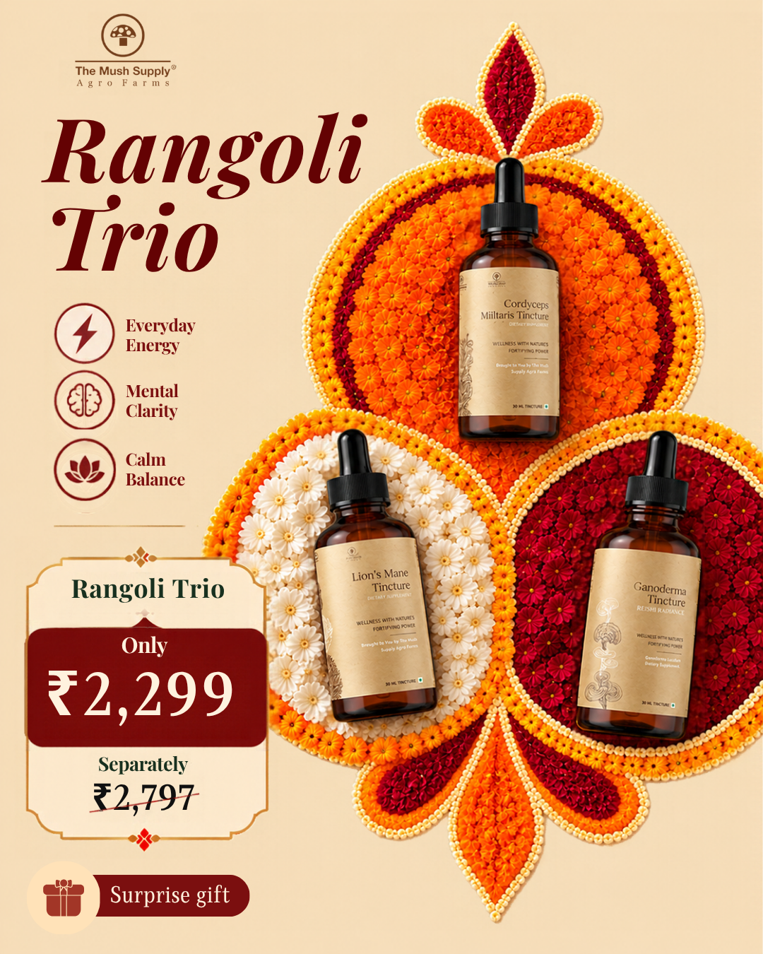 Diwali Mushroom Tincture Trio – Cordyceps + Ganoderma + Lion’s Mane