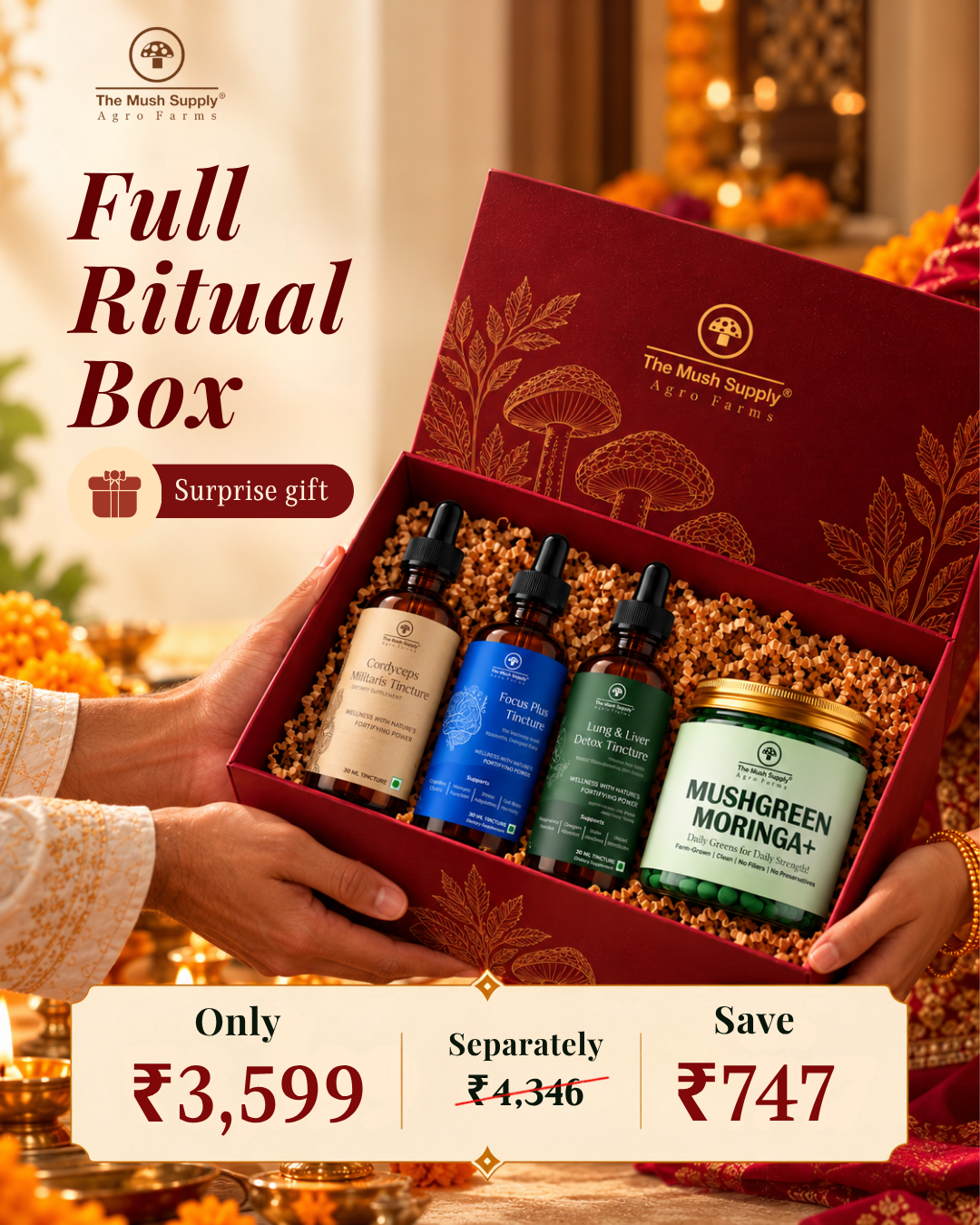 Diwali Tincture & Wellness Bundle – Cordyceps + Focus Plus + Lung & Liver Detox + Moringa+